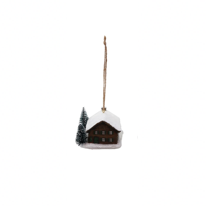 winter cabin resin ornament