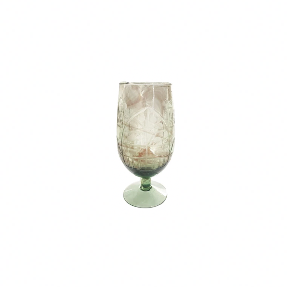 Hand-Blown Etched Recycled Drinking Glass - Green Multi Color