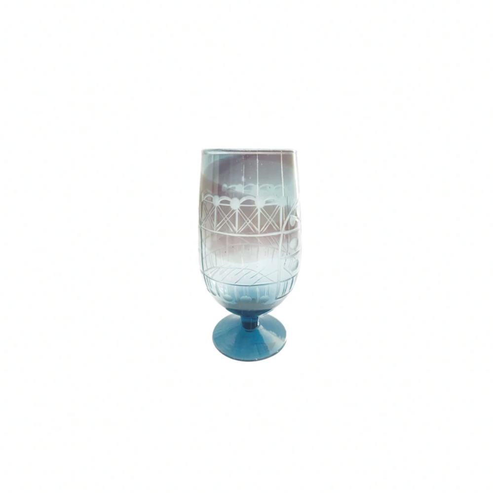Hand-Blown Etched Recycled Drinking Glass - Blue Multi Color