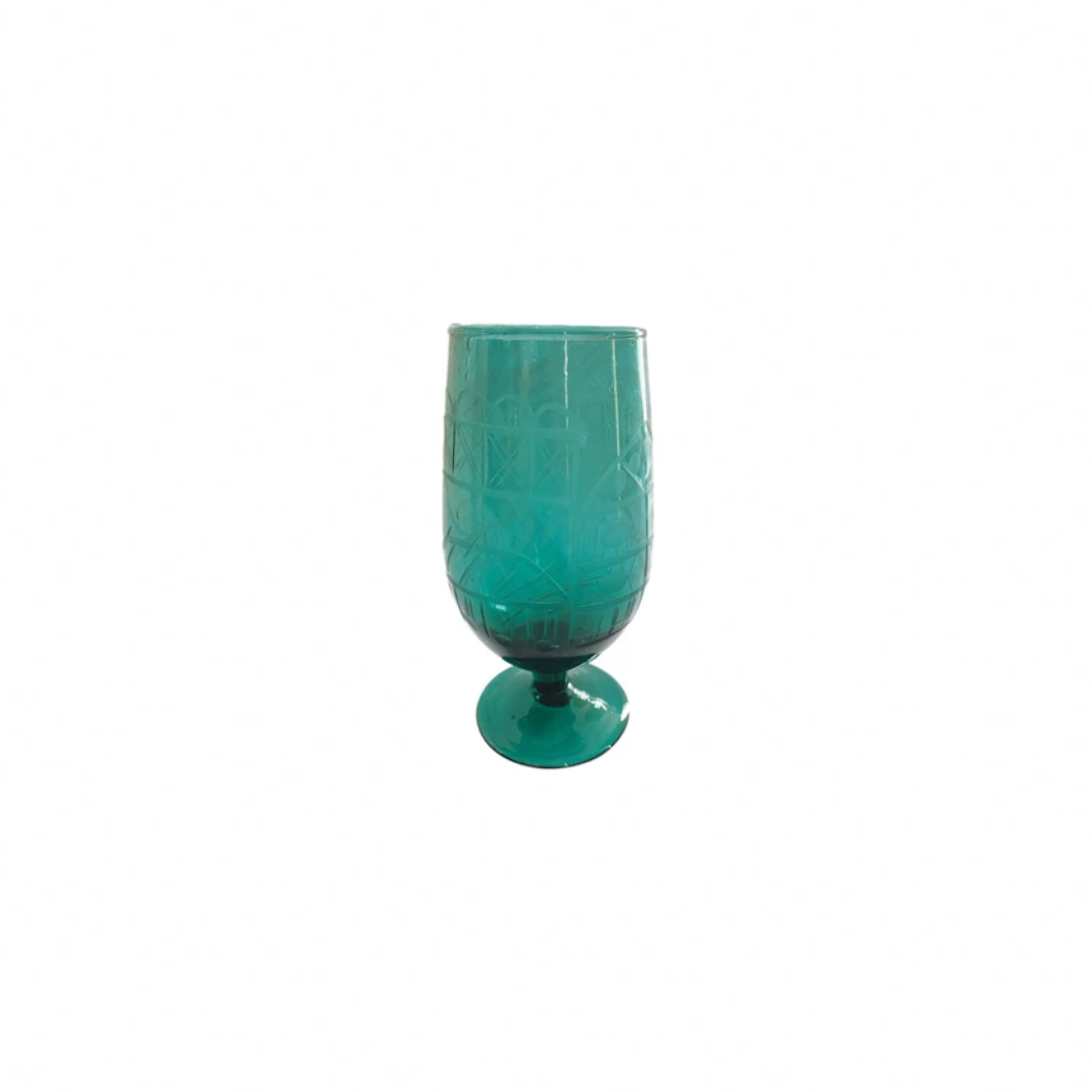 Hand-Blown Etched Recycled Drinking Glass - Blue