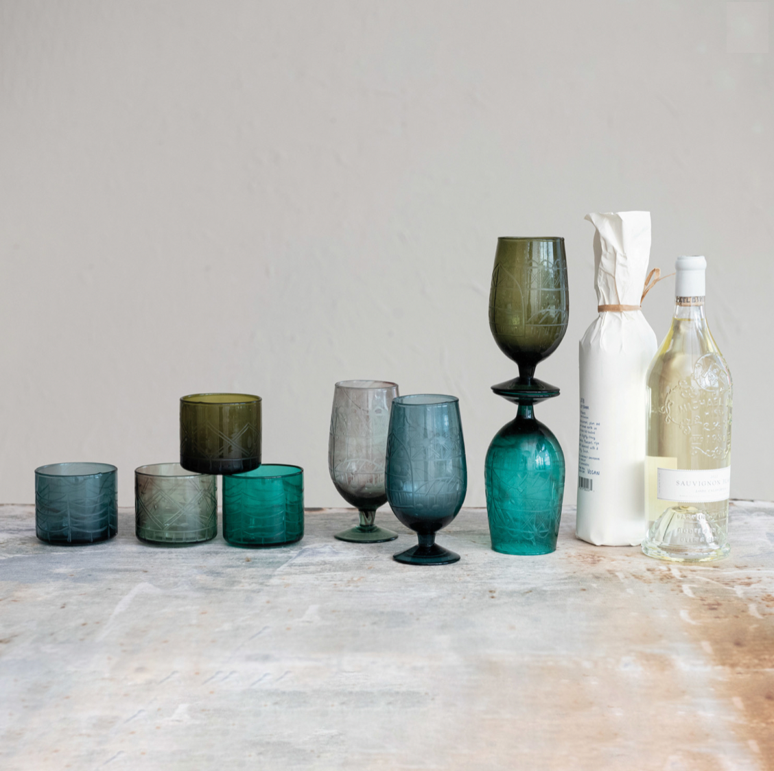 Hand-Blown Etched Recycled Drinking Glass - Blue