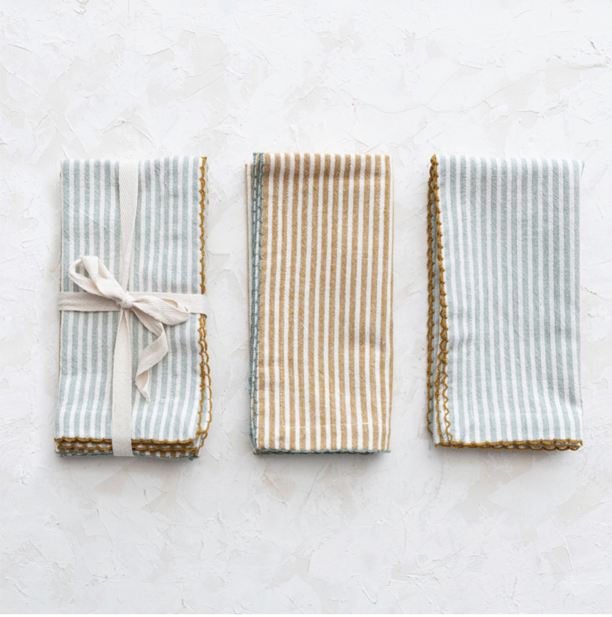 Cotton Napkins w/ Stripes 2 Colors - Set of 4. Brown & Blue