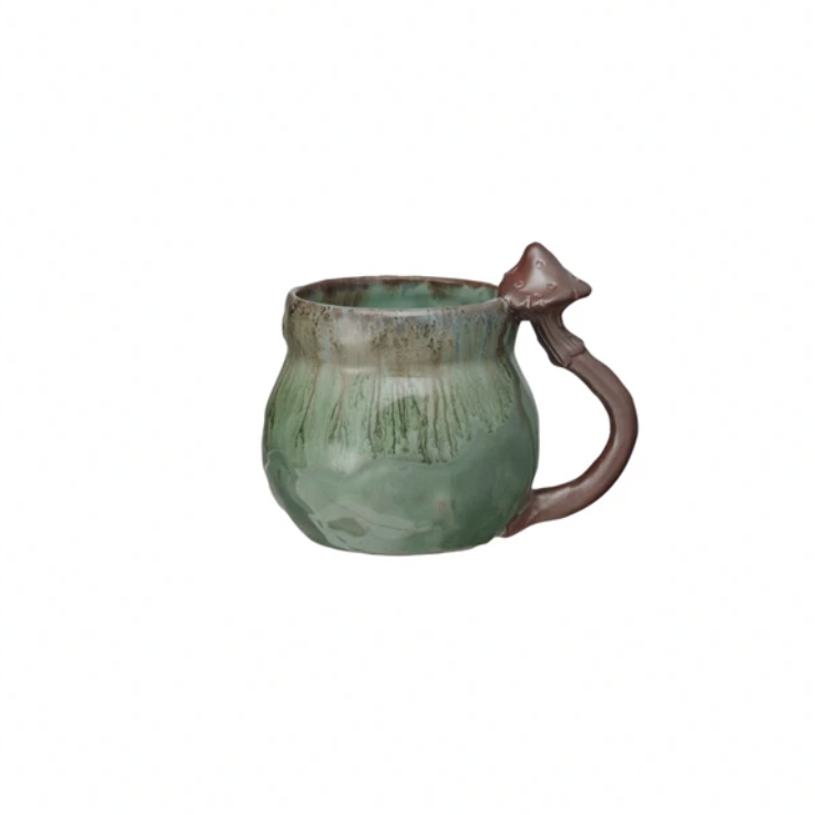 Stoneware Round Mug w/ Mushroom Handle - Green