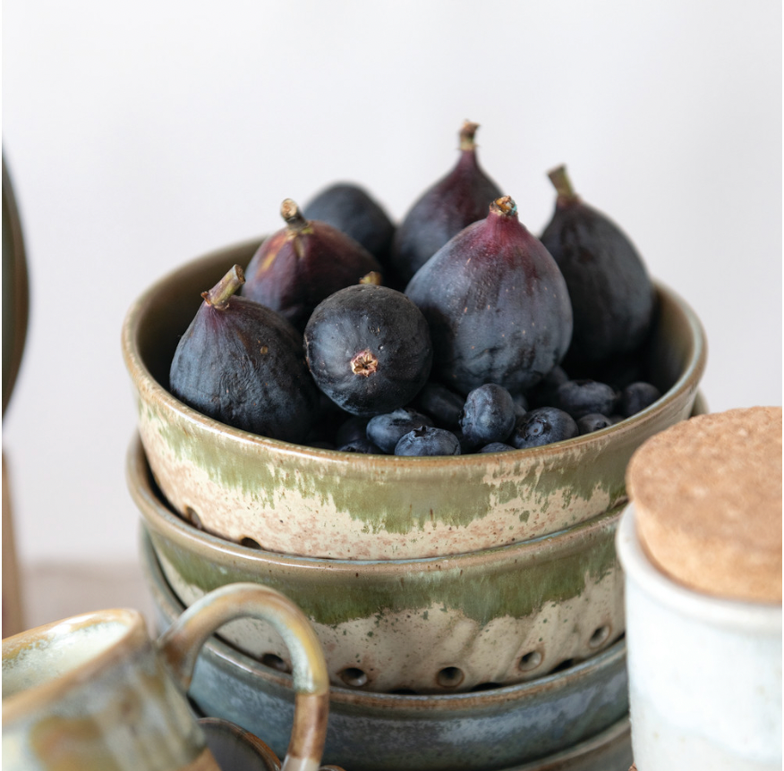 Stoneware Berry Bowl with Glaze - Greens & Cream