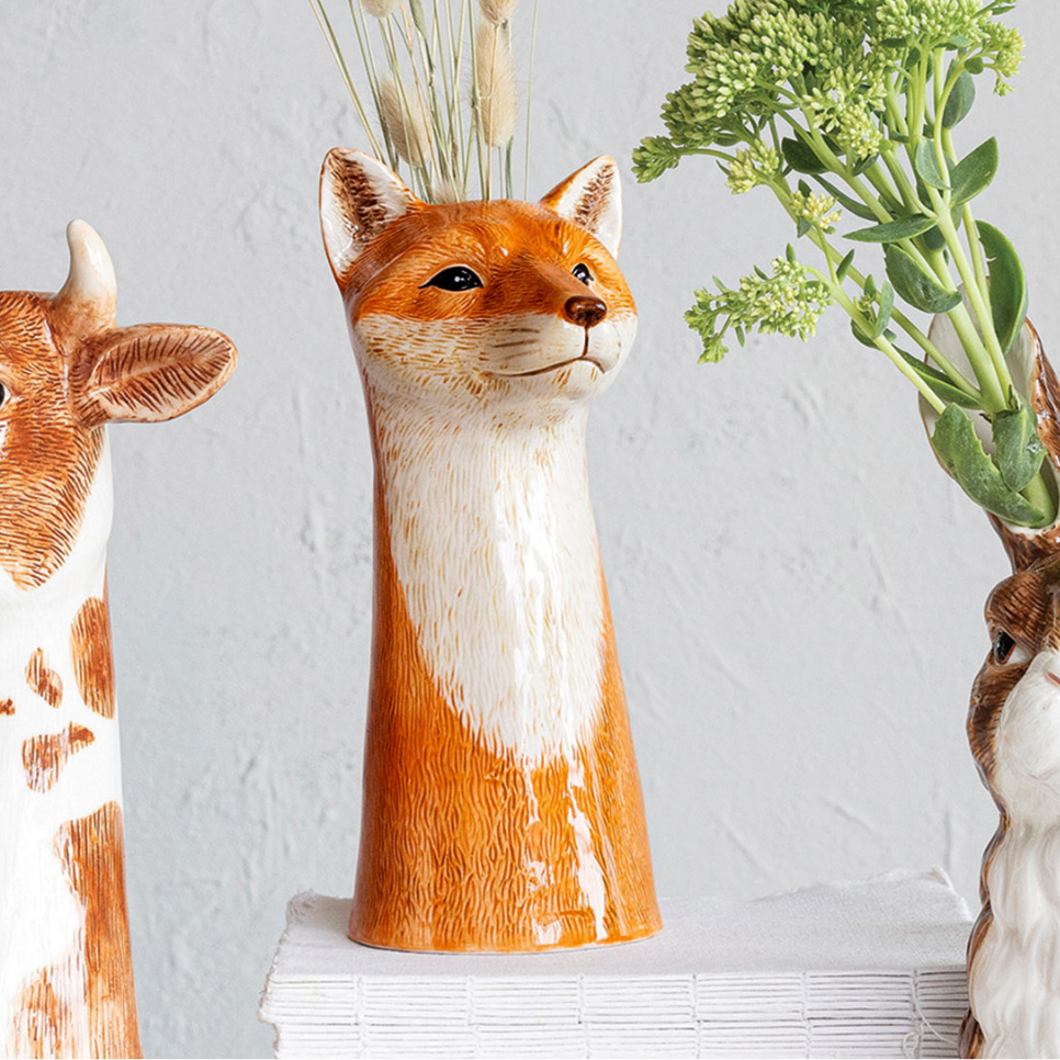 Hand-Painted Stoneware Fox Vase