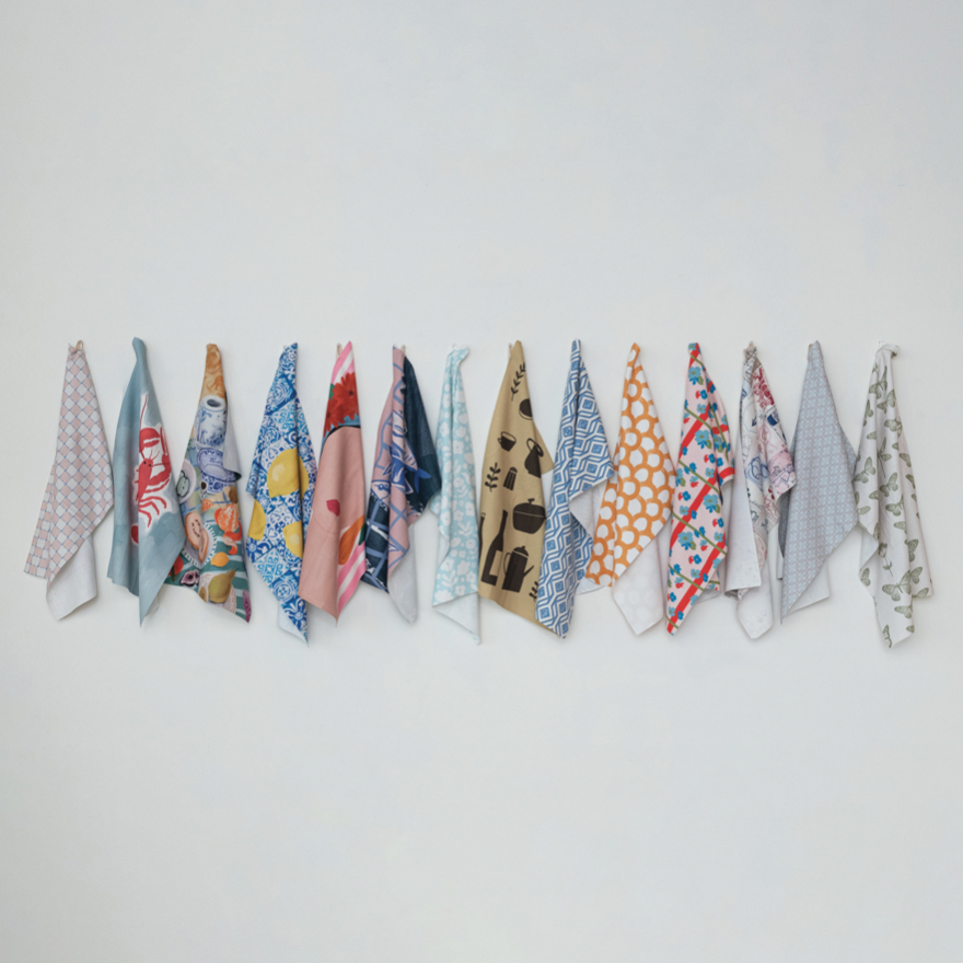 Printed Recycled Microfibre Tea Towel w/ Floral & Stripe Pattern