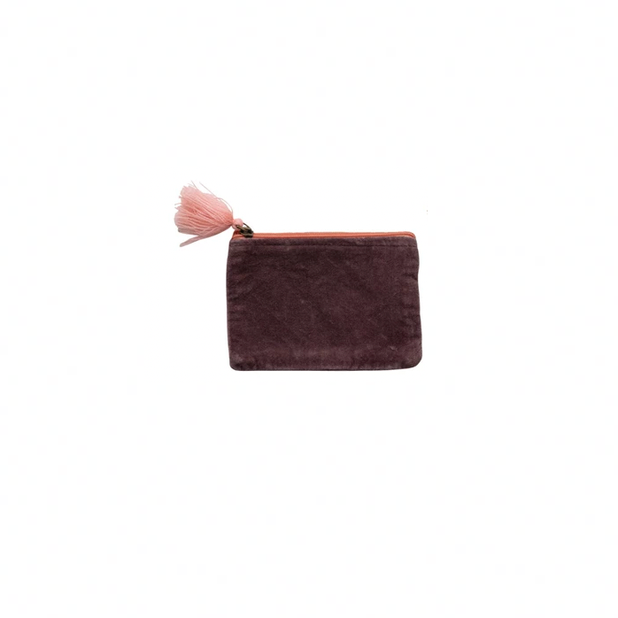 Cotton Velvet Zip Pouch w/ Tassel - Brown