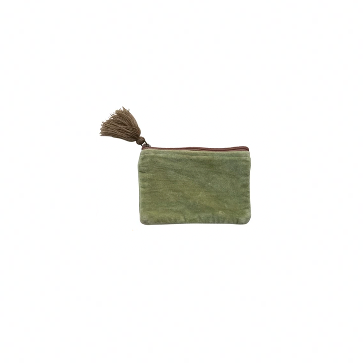 Cotton Velvet Zip Pouch w/ Tassel - Green
