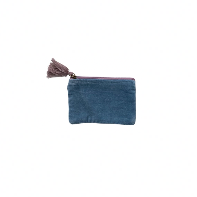 Cotton Velvet Zip Pouch w/ Tassel - Deep Blue