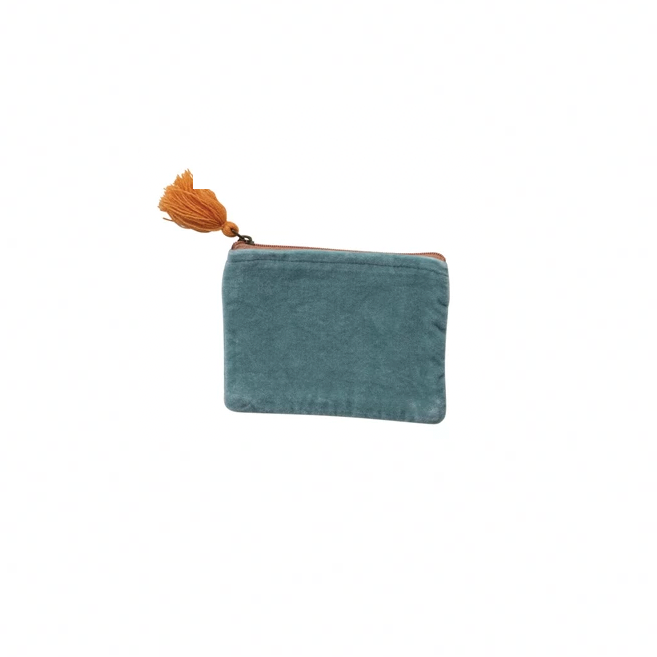 Cotton Velvet Zip Pouch w/ Tassel - Blue