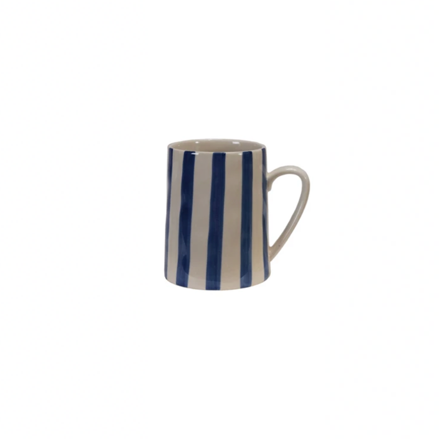 Mug with blue and white stripes on a white background