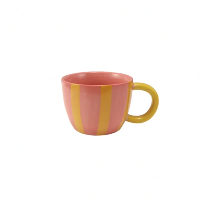 Hand-Painted Stoneware Striped Mug - Pink & Yellow Striped