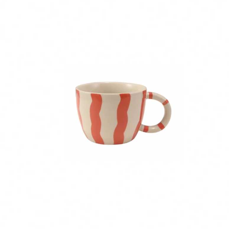 Hand-Painted Stoneware Striped Mug - Wavy Pink Stripe