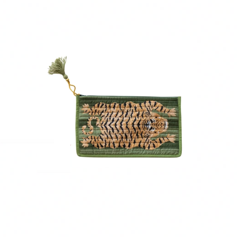 Cotton Voile Printed Tiger Zip Pouch with Interior Coating green