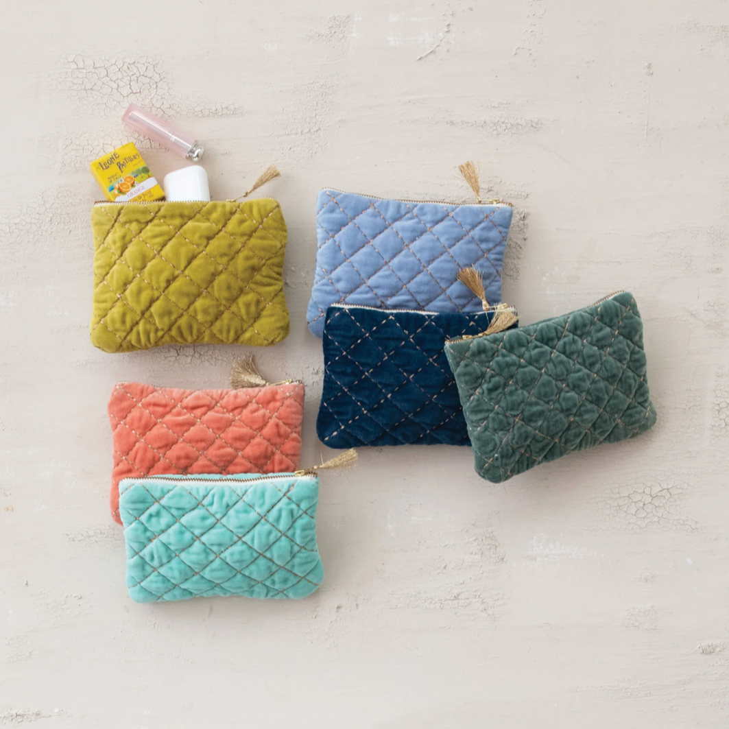 Quilted Cotton Velvet Zip Pouch w/ Metallic Thread Embroidery & Tassel - 6 Colors