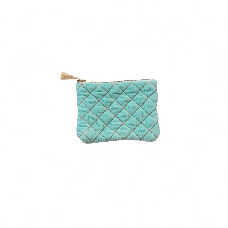 Quilted Cotton Velvet Zip Pouch w/ Metallic Thread Embroidery & Tassel - aqua