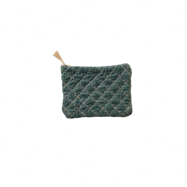 Quilted Cotton Velvet Zip Pouch w/ Metallic Thread Embroidery & Tassel - teal