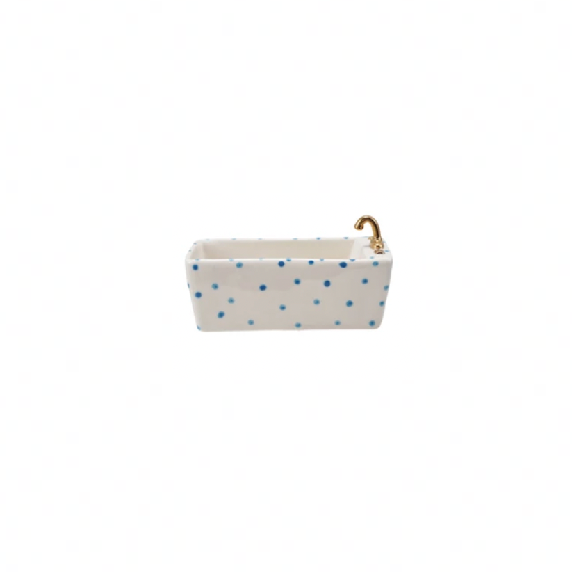 Hand-Painted Stoneware Bathtub Shaped Dish w/ Pattern & Gold Electroplating - Blue Polka Dots