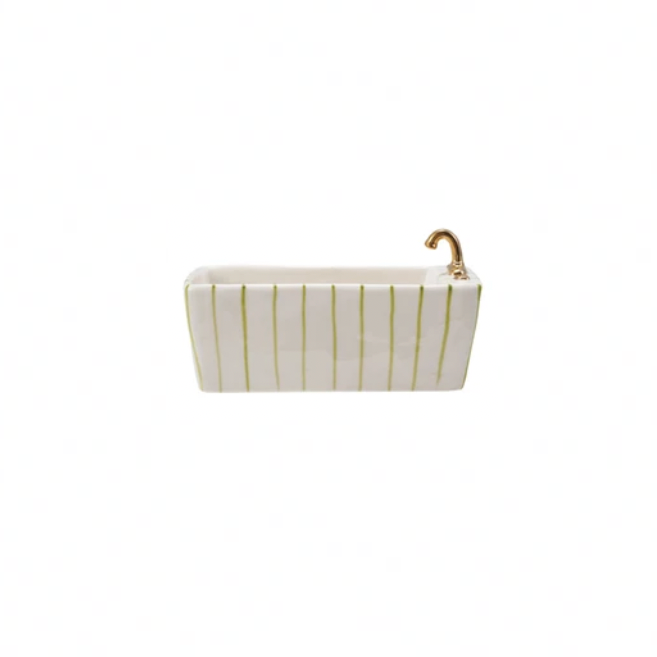 Hand-Painted Stoneware Bathtub Shaped Dish w/ Pattern & Gold Electroplating - Chartreuse Stripes