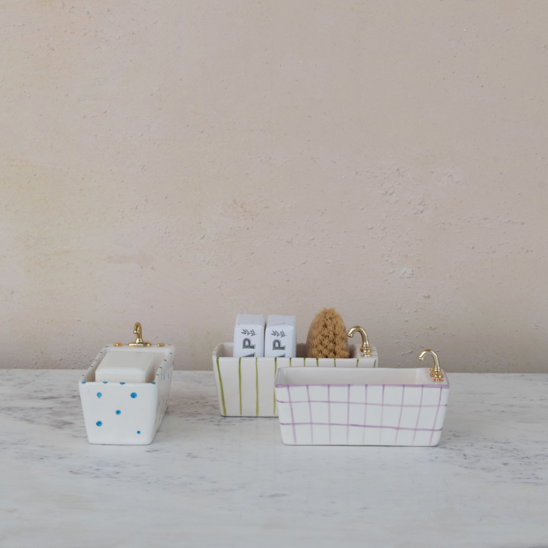 3 Hand-Painted Stoneware Bathtub Shaped Dish w/ Pattern & Gold Electroplating -  