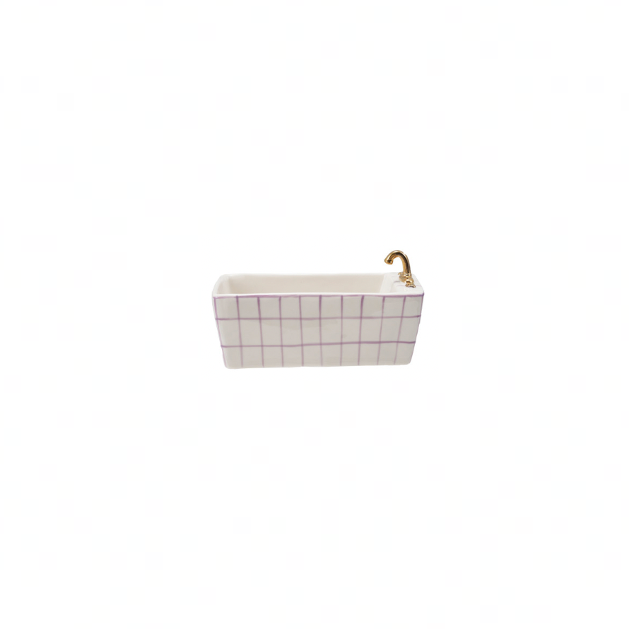 Hand-Painted Stoneware Bathtub Shaped Dish w/ Pattern & Gold Electroplating - Purple Grid