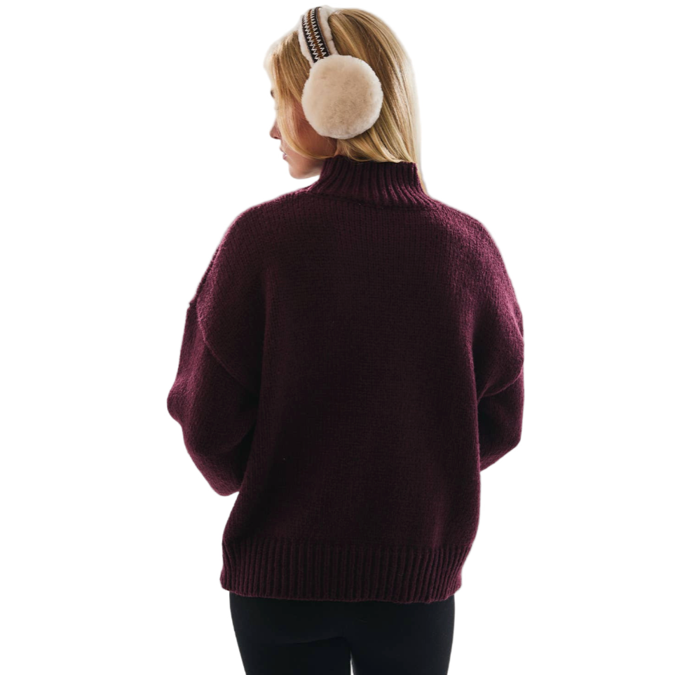 High Neck Oversized Sweater Top - Wine