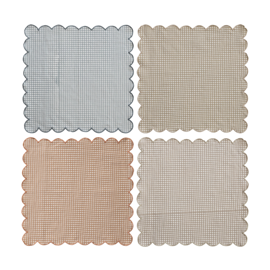 Cotton Printed Scalloped Napkins w/ Check Pattern & Stitched Edge - Set of 4