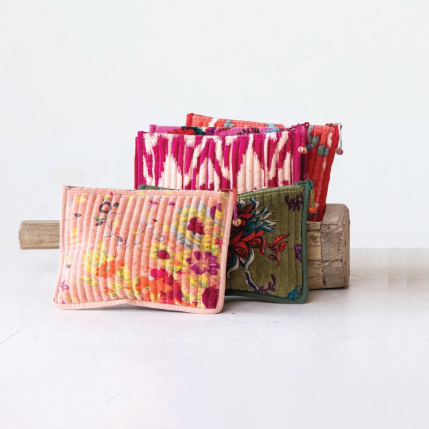 Cotton Velvet Zip Pouch - Salmon Pink