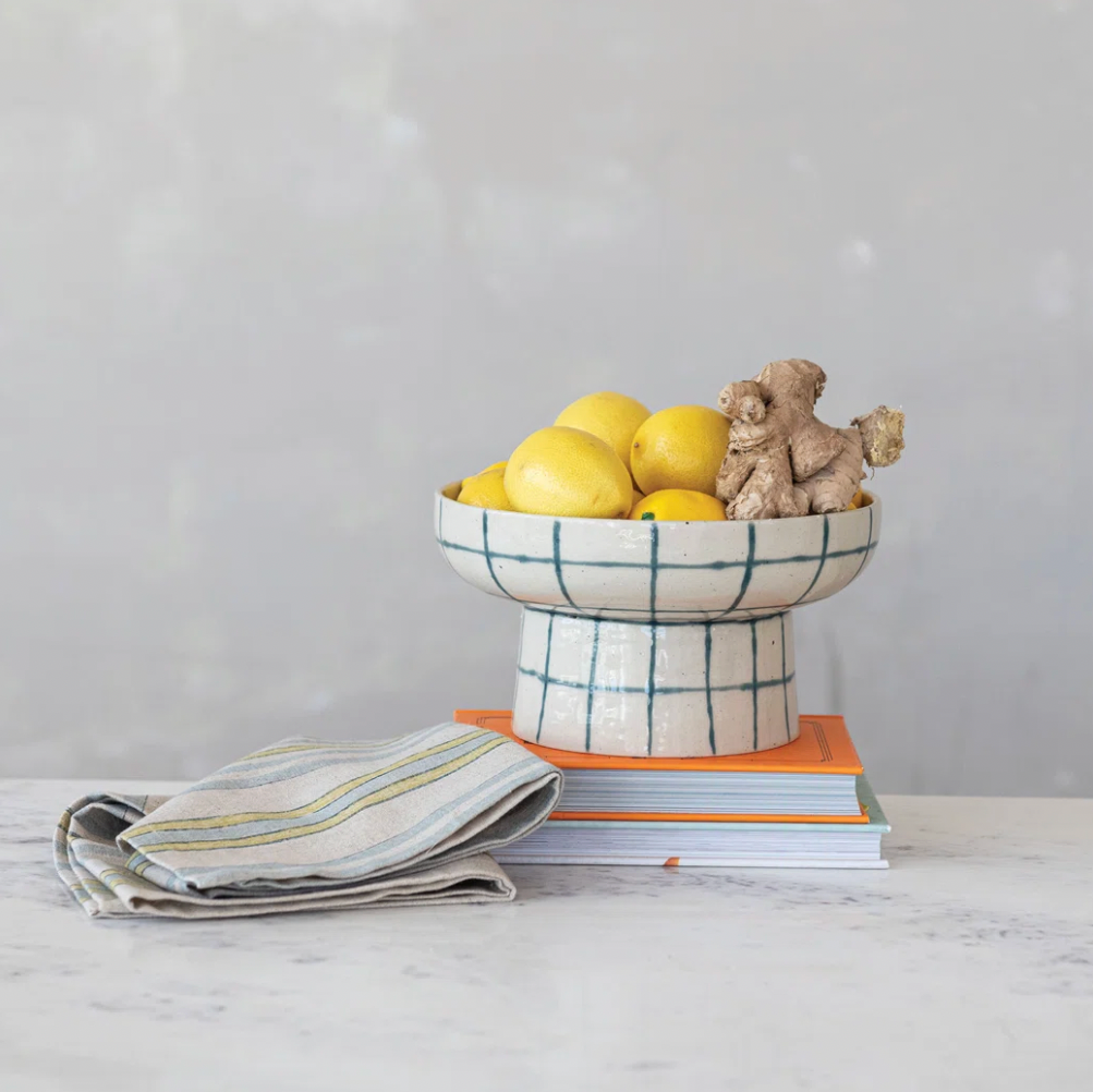 Hand-Painted Stoneware Pedestal Bowl