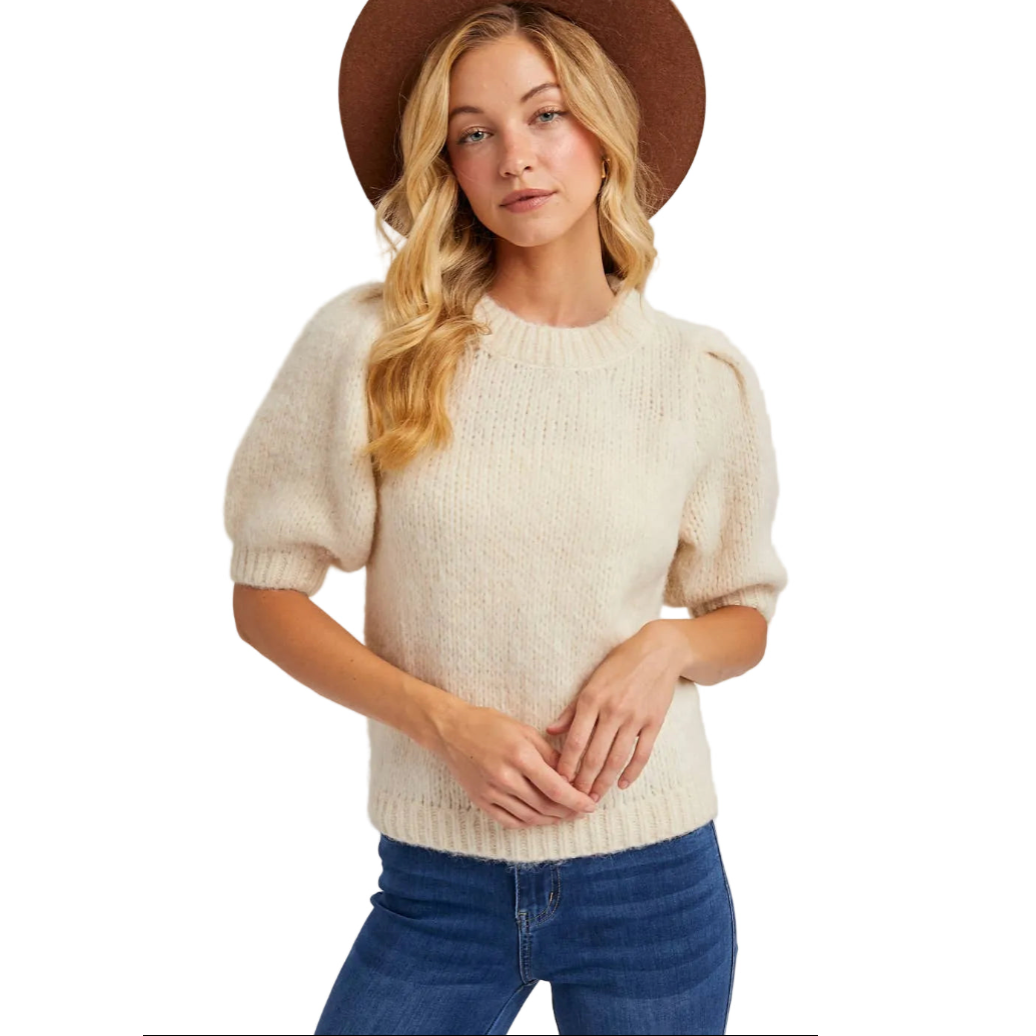 Puff Sleeved Knit Sweater - Cream