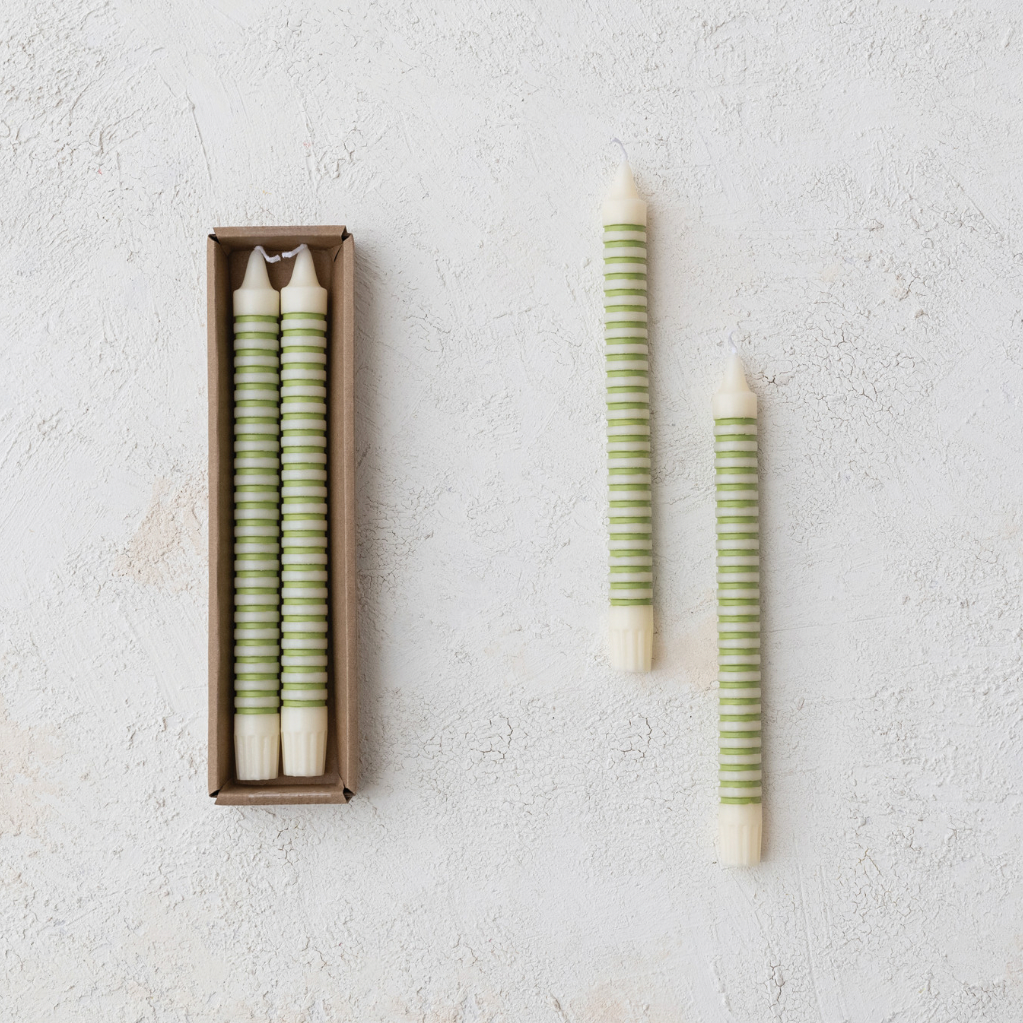 Unscented Striped Taper Candles in Box - Green & White