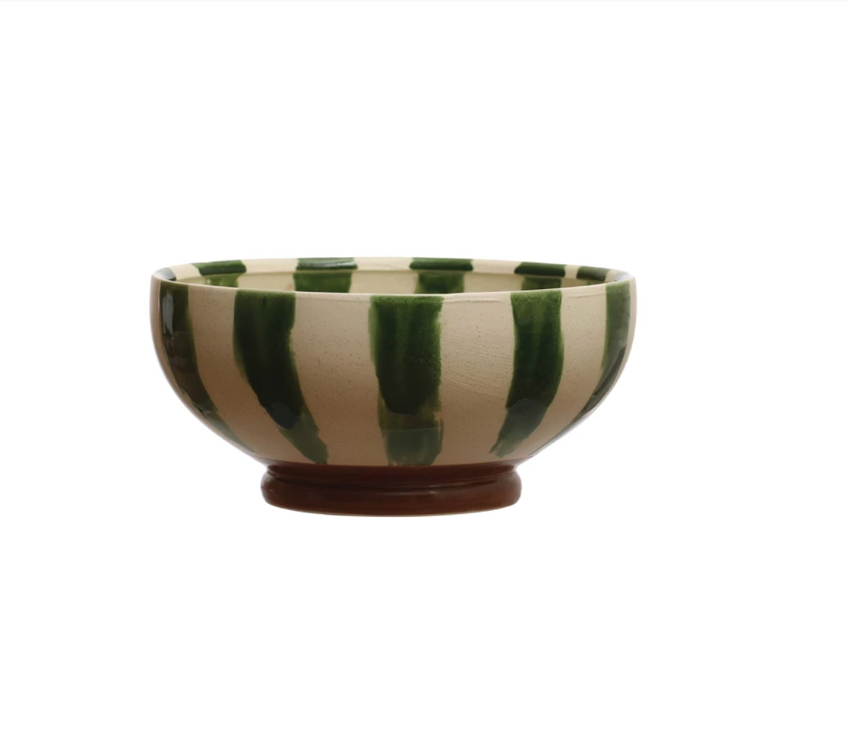 Hand-Painted Stoneware Footed Bowl - Green Stripes
