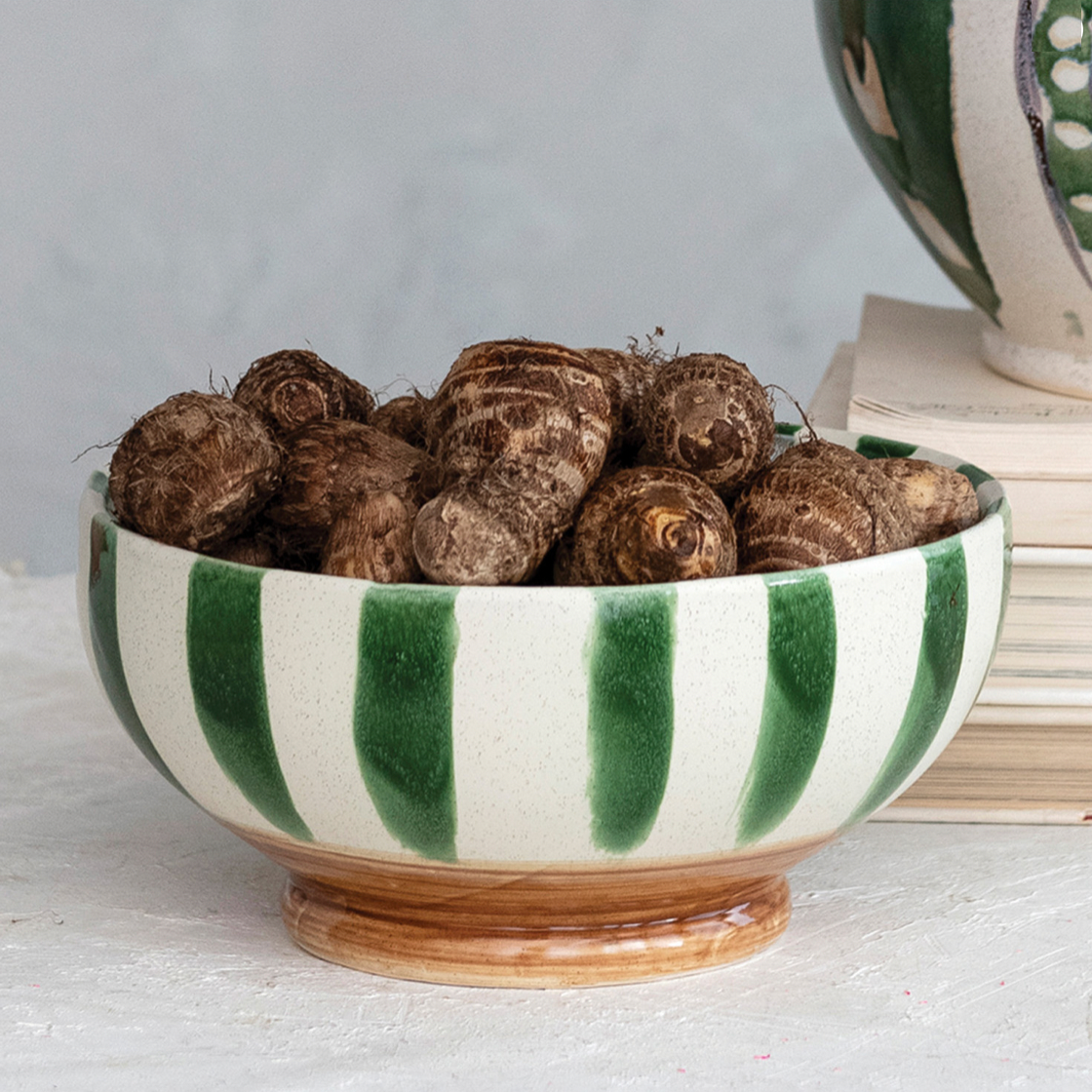 Hand-Painted Stoneware Footed Bowl - Green Stripes