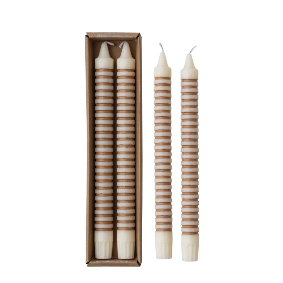 Unscented Striped Taper Candles in Box - Tan