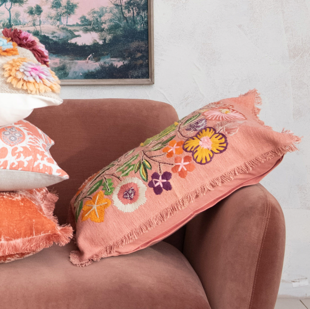 Cotton Lumbar Pillow w/ Embroidered Flowers & Eyelash Fringe
