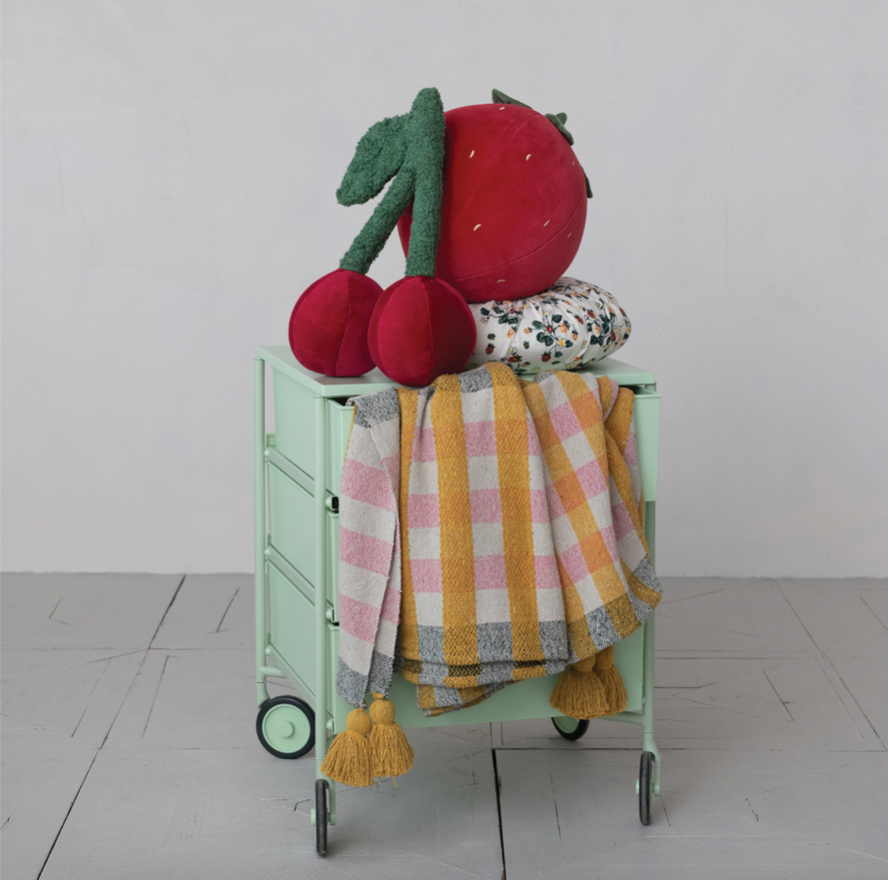 Cotton Velvet Cherry Shaped Pillow w/ Faux Sherpa Stem