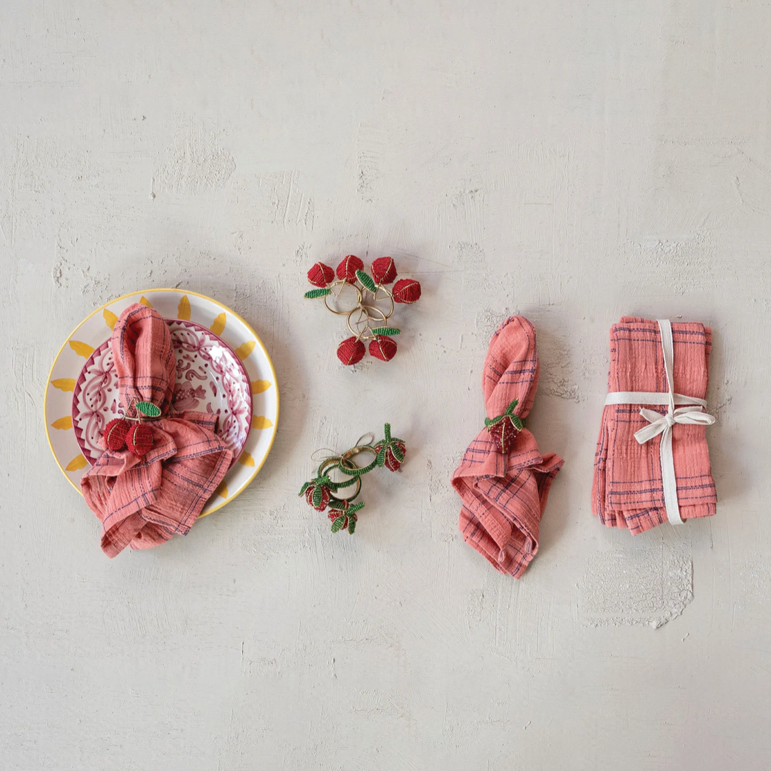Handmade Glass Beaded Strawberry Napkin Rings - Set Of 4