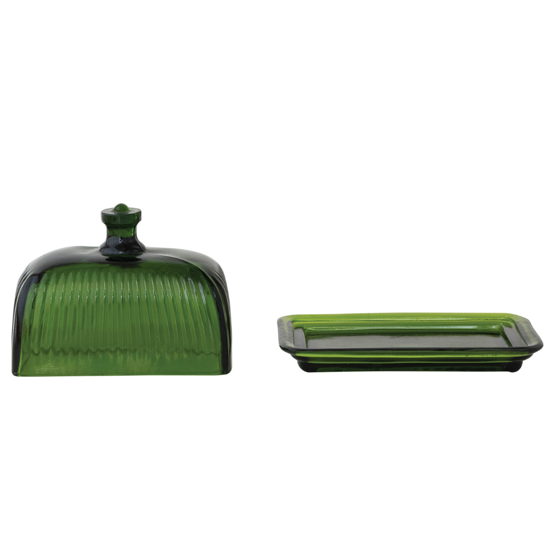 6-1/2"L x 4"W x 4-3/4"H Pressed Ribbed Glass Butter Dish, Green