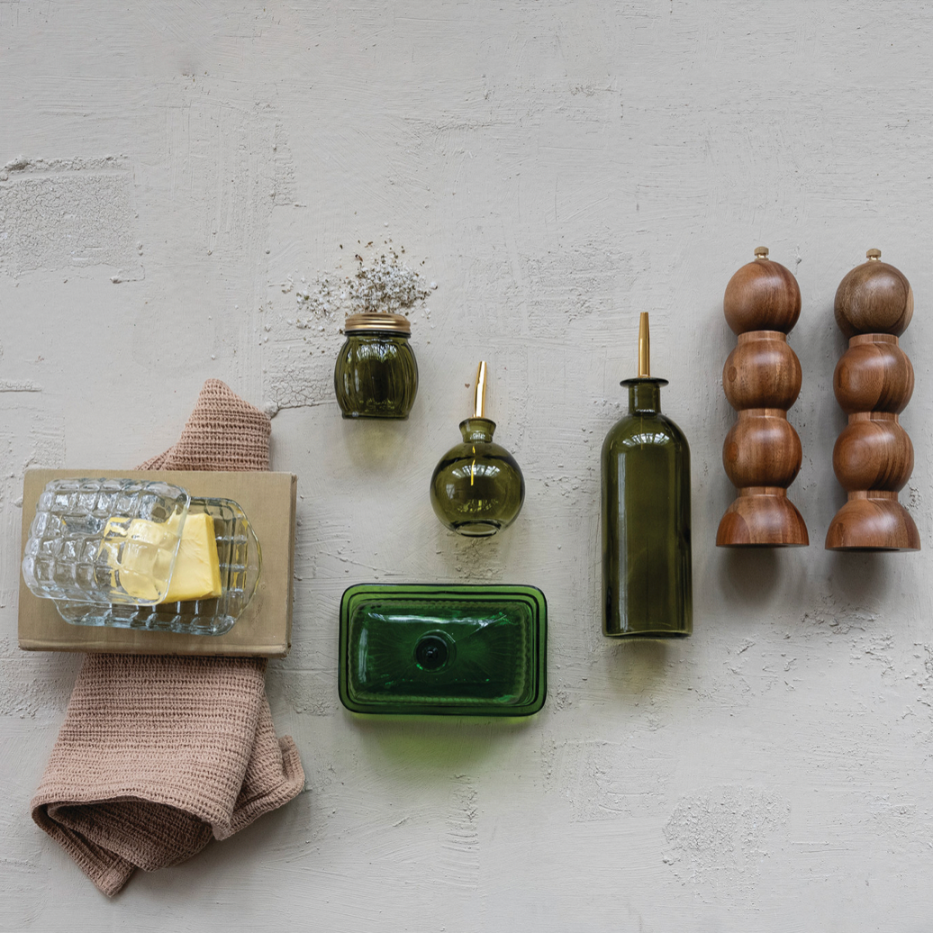 6-1/2"L x 4"W x 4-3/4"H Pressed Ribbed Glass Butter Dish, Green