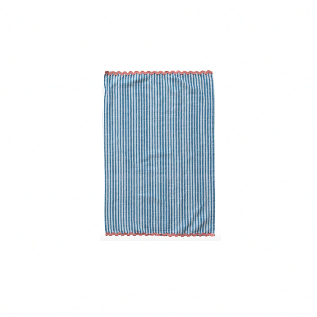 Woven Cotton Striped Tea Towel with Ric Rac Trim. BLUE STRIPED
