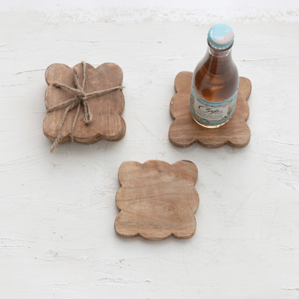 Mango Wood Scalloped Coasters, Natural - Set of 4
