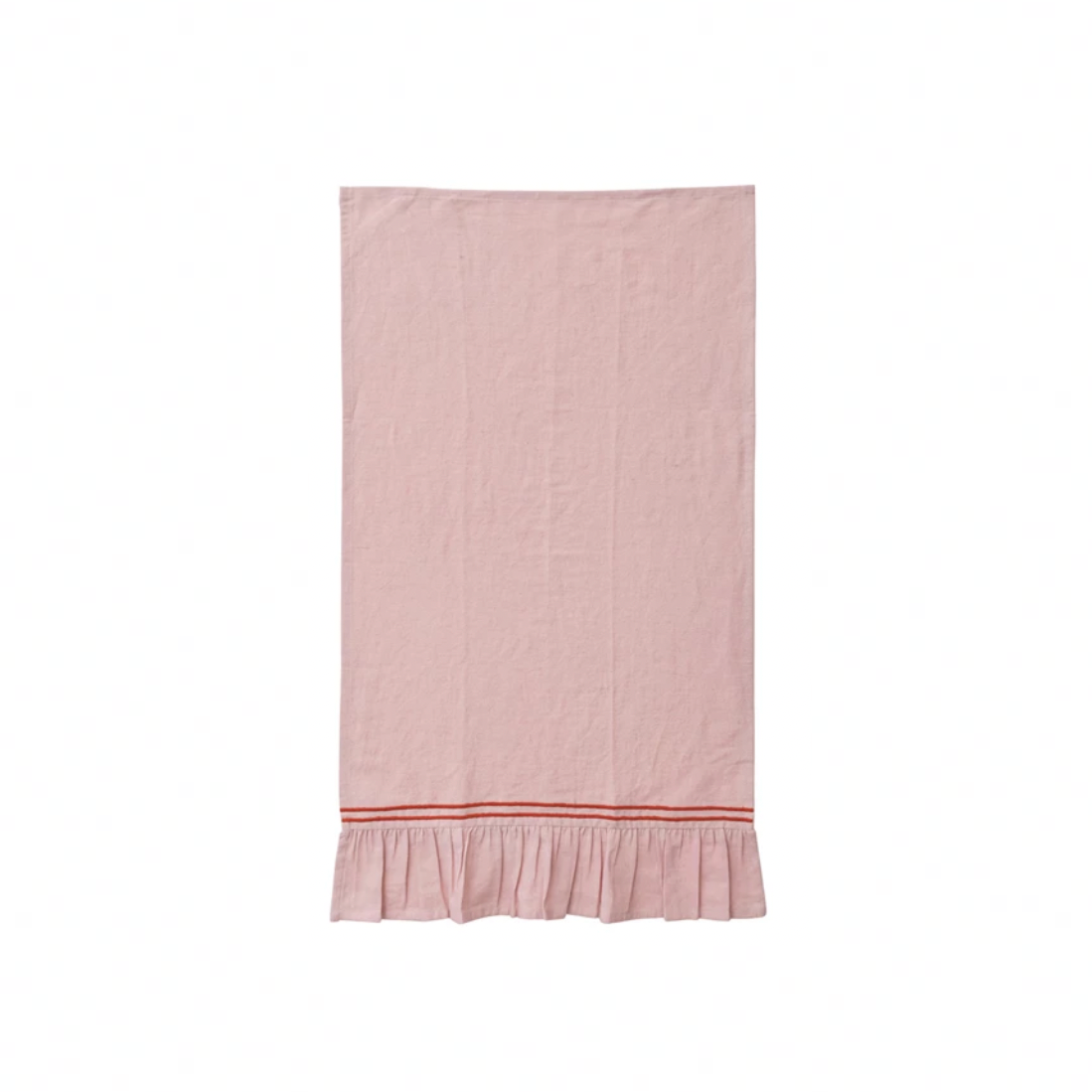 Cotton & Linen Tea Towel w/ Embroidered Stripes & Ruffle - Pink