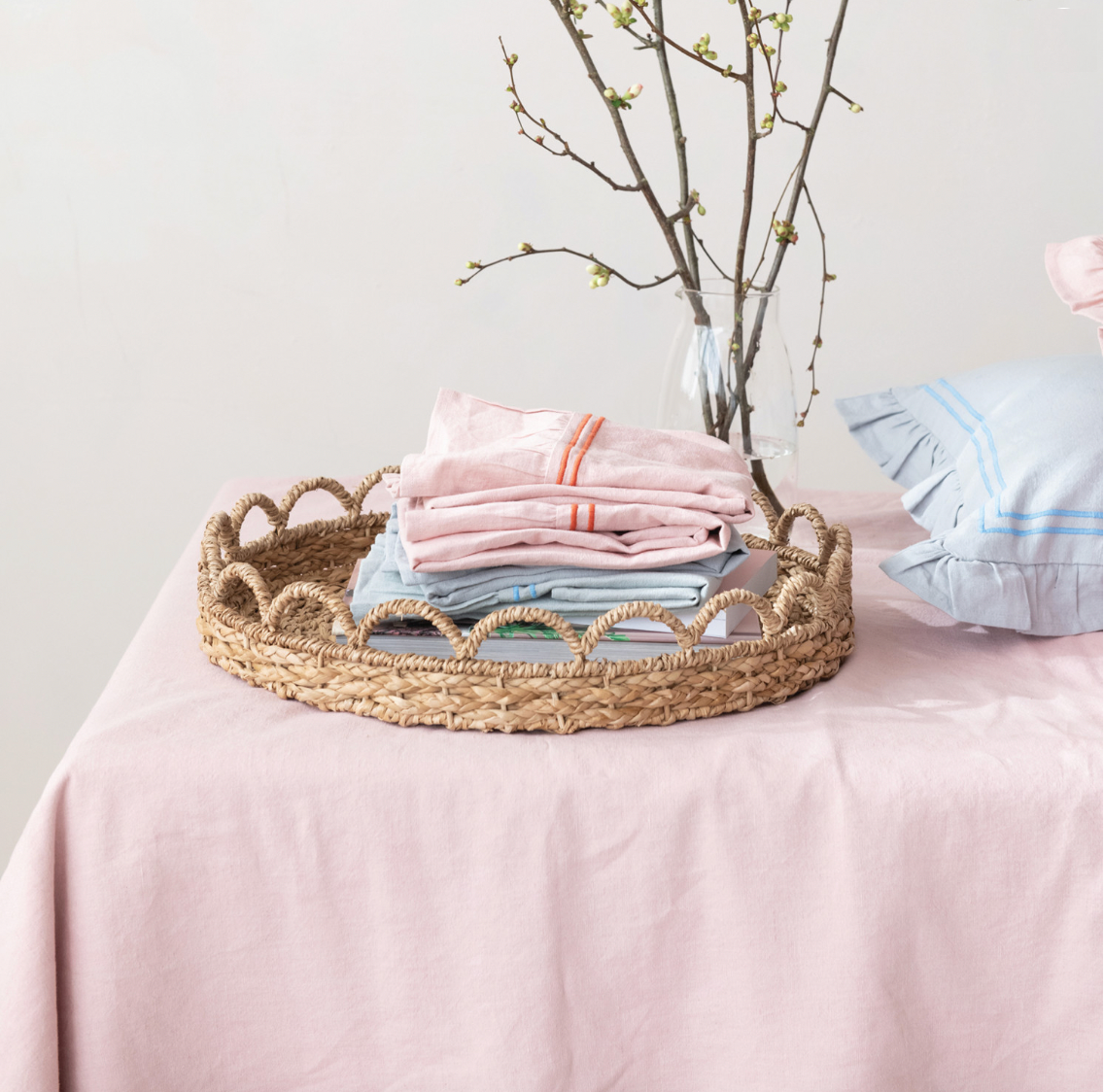 Cotton & Linen Tea Towel w/ Embroidered Stripes & Ruffle - 