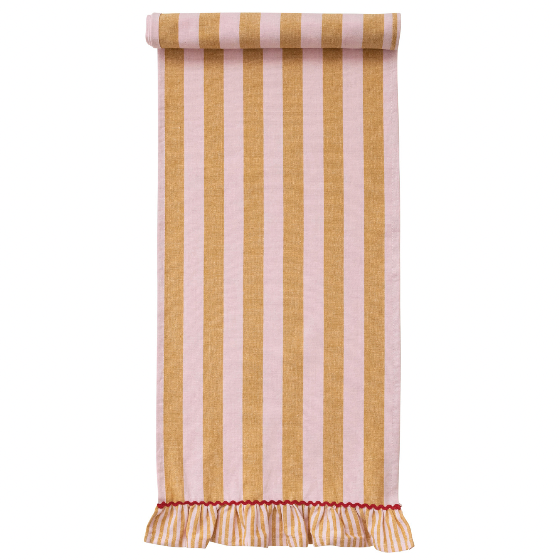 Woven Cotton Striped Table Runner w/ Ruffle & Ric Rac Trim - Pink & Mustard