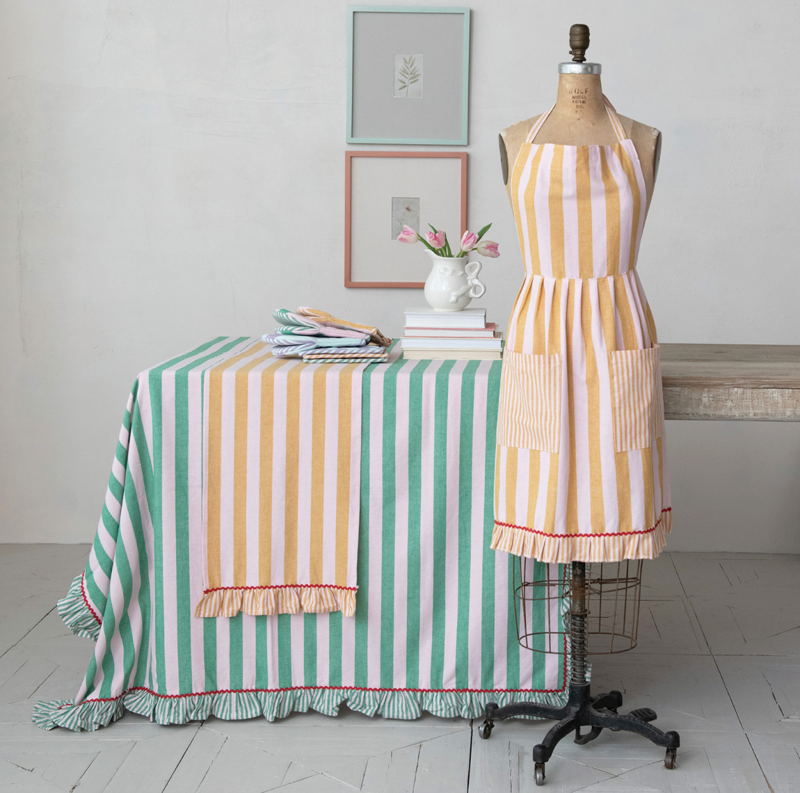Woven Cotton Striped Table Runner w/ Ruffle & Ric Rac Trim - Pink & Mustard