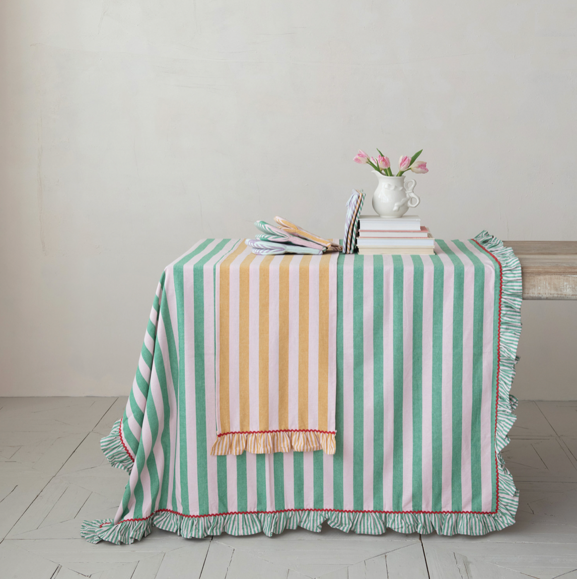 Woven Cotton Striped Table Runner w/ Ruffle & Ric Rac Trim - Pink & Mustard