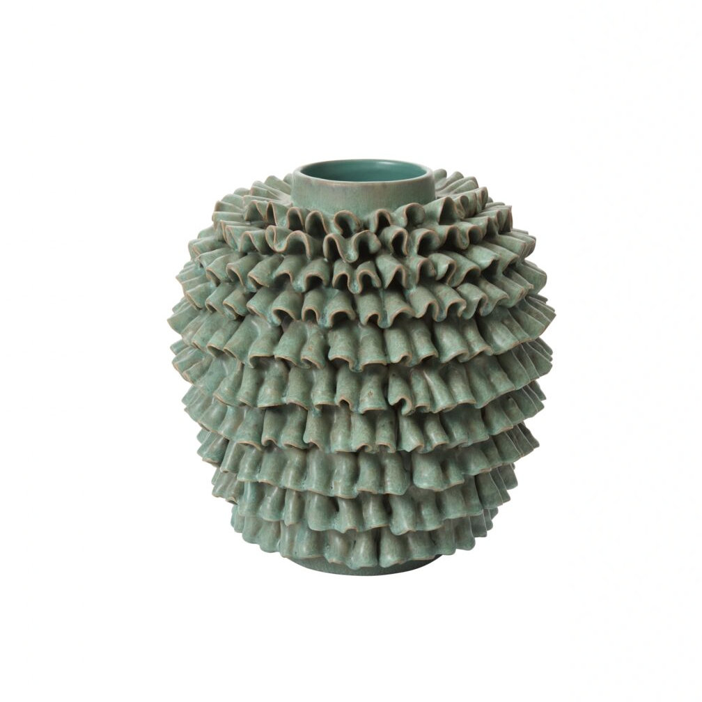 Textured green ceramic vase on a white background