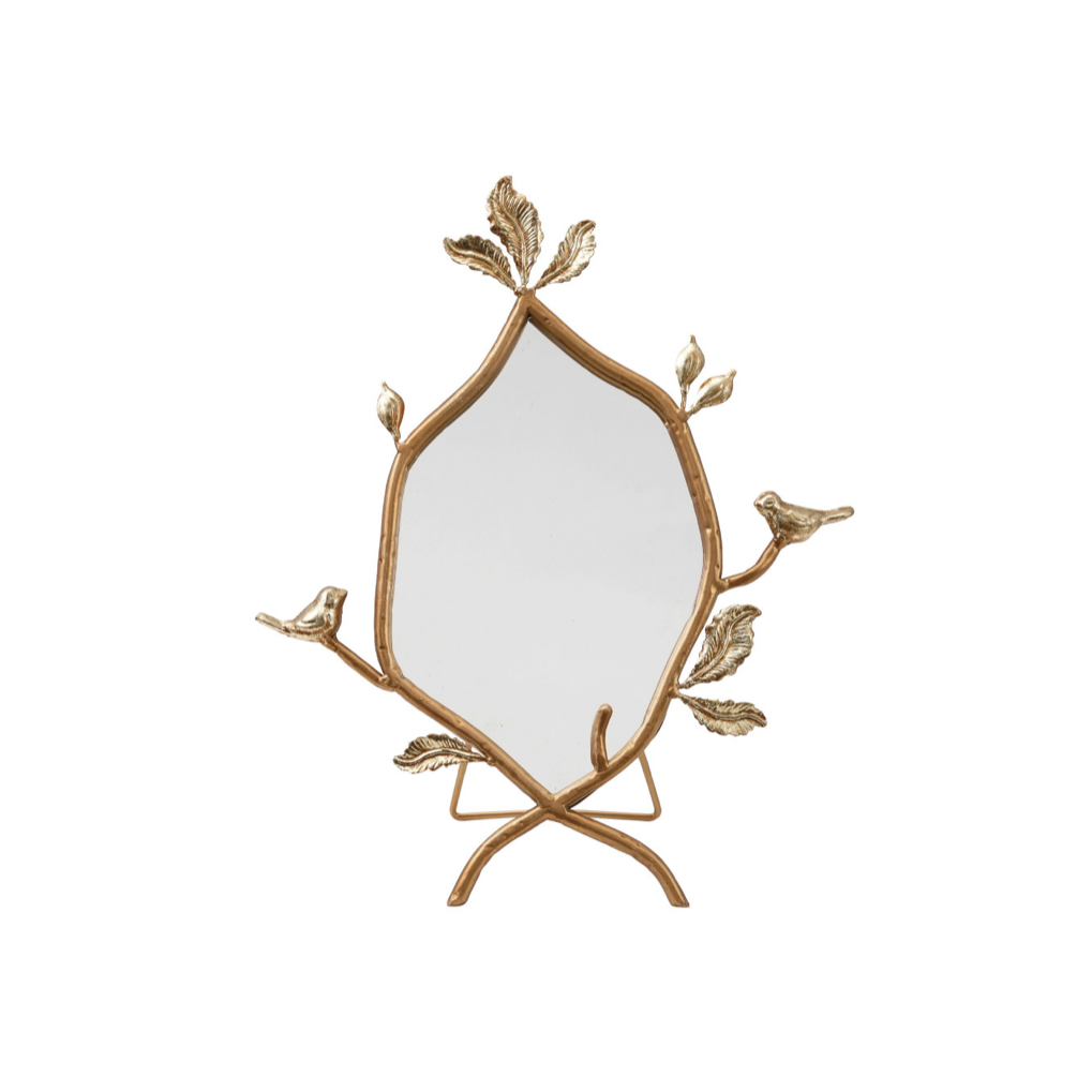 Twig Framed Standing Mirror with Birds & Leaves - Gold Finish