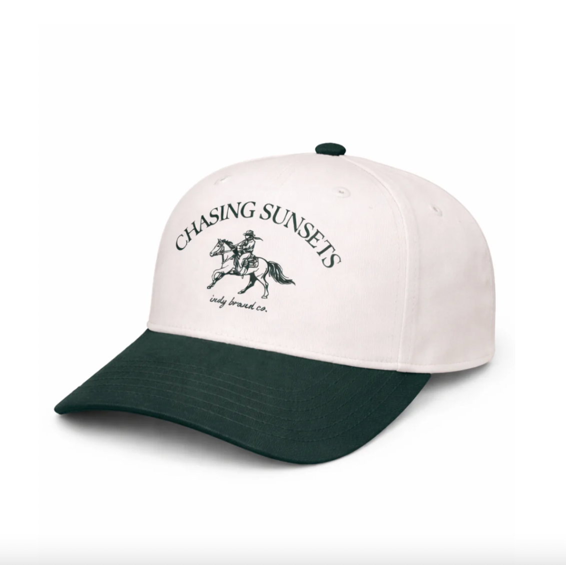 The Chasing Sunsets Hat is a vintage-inspired snapback featuring a hand-drawn western rider and horse, finished with classic arched lettering