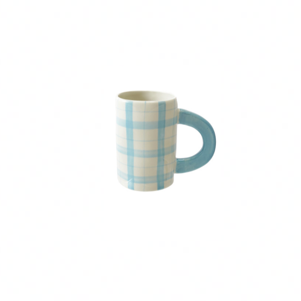 Hand-Painted Stoneware Mug w/ Plaid Pattern - blue